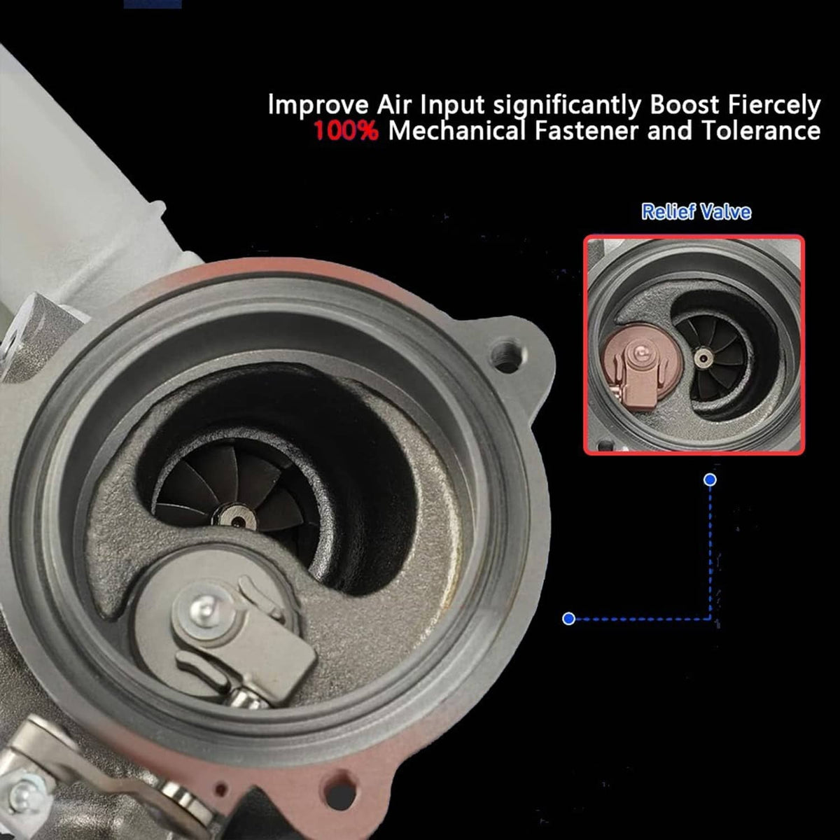 Turbocharger intake housing with visible compressor wheel and mounting flange