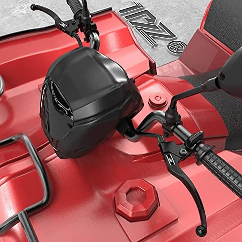 Black clutch and brake lever controls installed on red ATV near front dash
