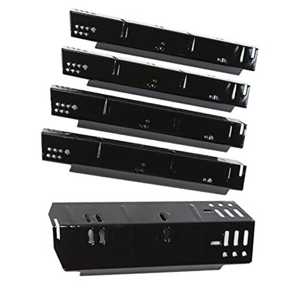 Five black grill heat plates with burner holes, replacement set