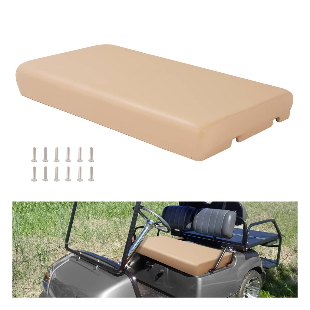 Tan golf cart seat bottom assembly cushion with mounting screws and brackets