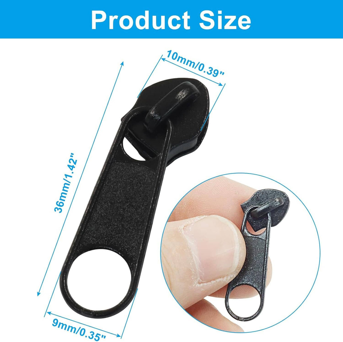 Black zipper slider with oval ring, close-up of pull tab and slider clip