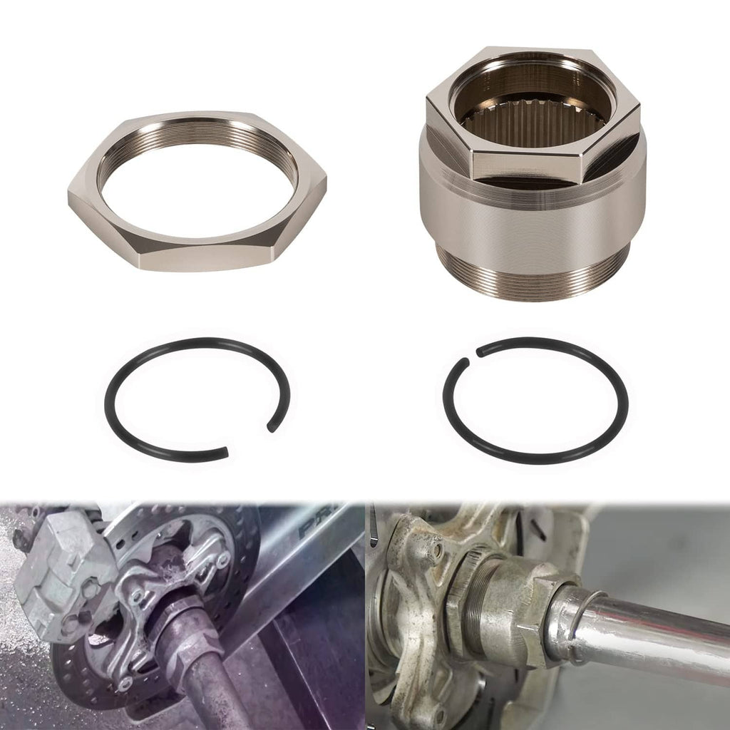 Rear axle lock jam nut set with two metal nuts and two black O-rings