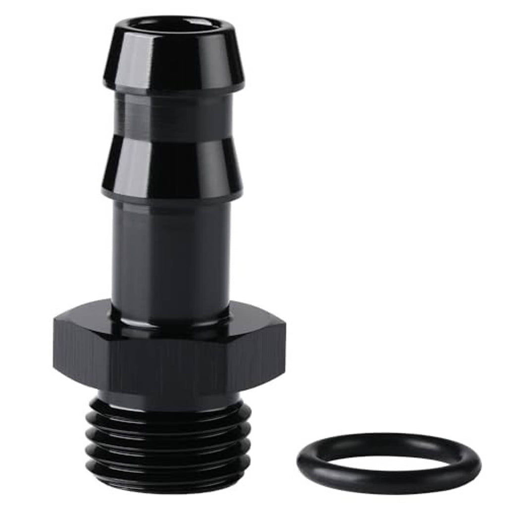Black straight fitting adapter, 6AN ORB male thread to 3/8 hose barb