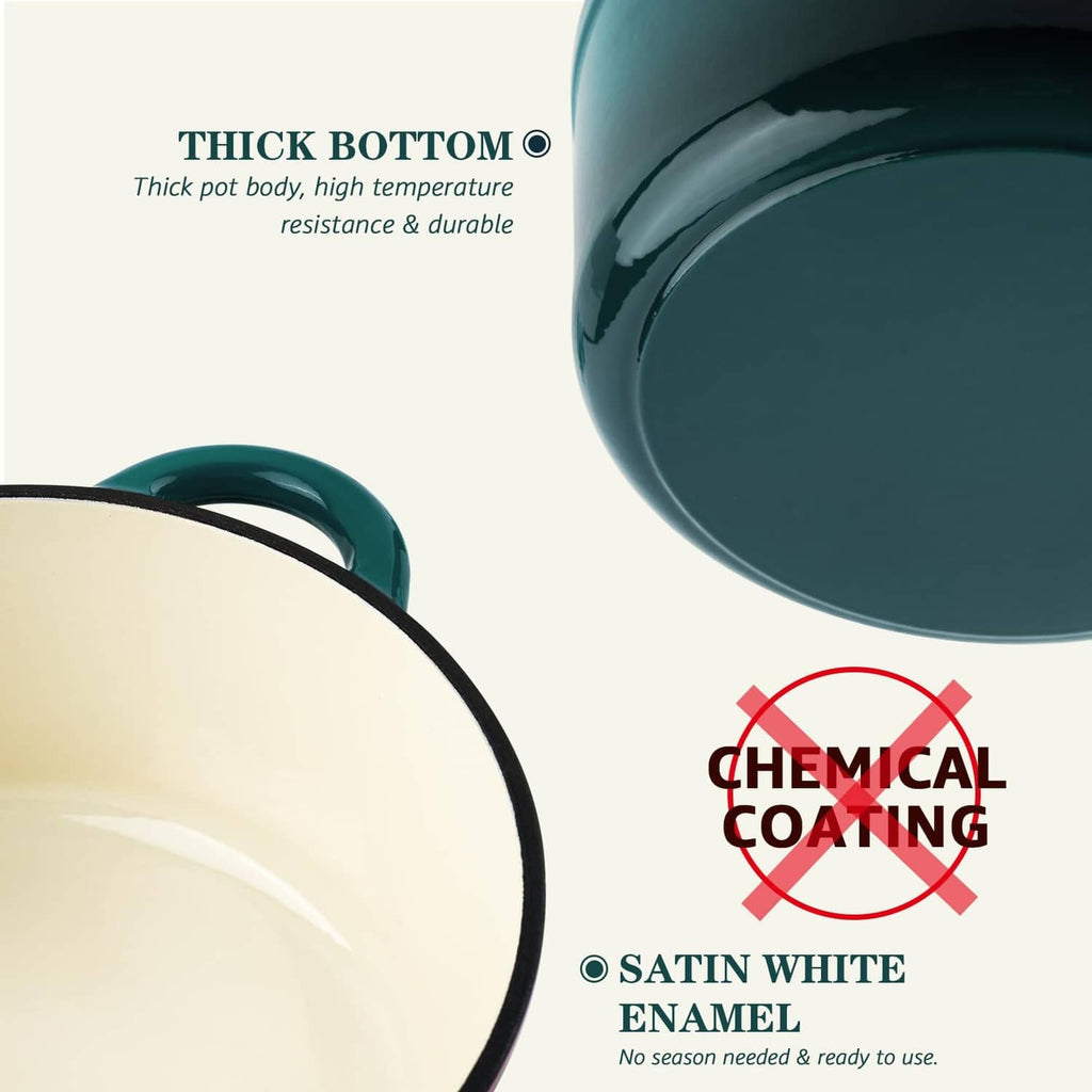 Bottle green enameled dutch oven with thick white interior enamel