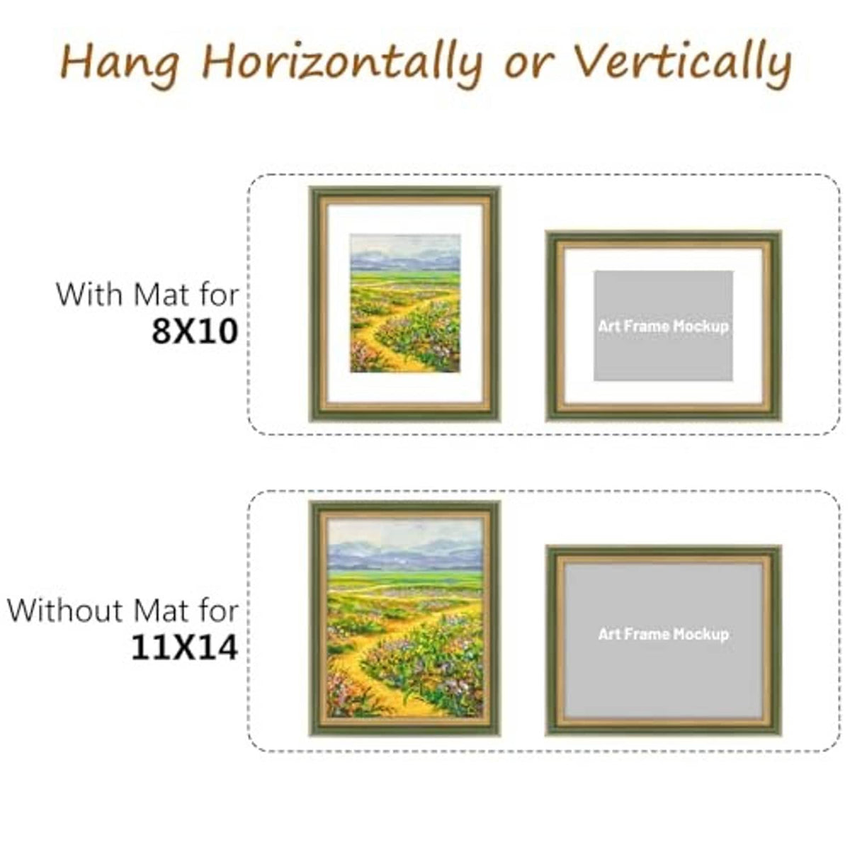 Ornate green picture frame showing mat and size layout for 8x10 and 11x14.