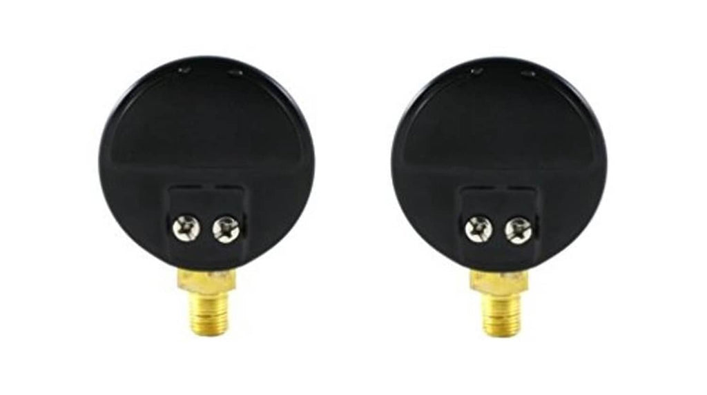 Two pressure gauge backs with screw terminals and brass threaded stems