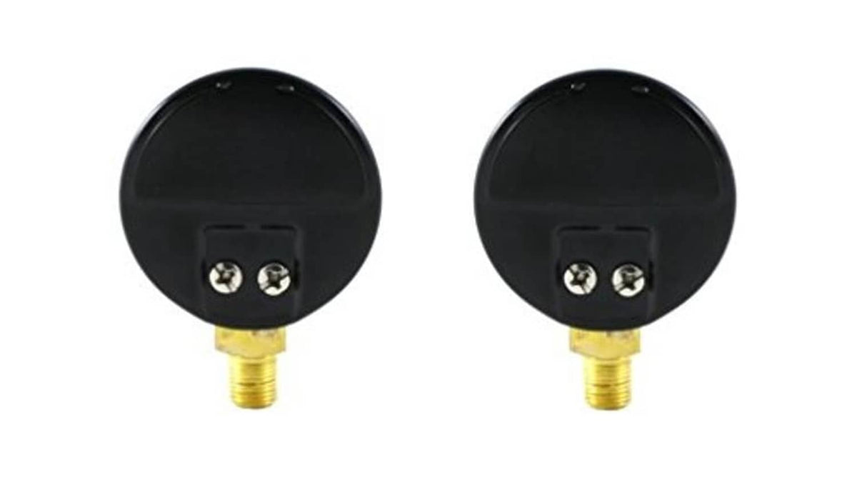 Two pressure gauge backs with screw terminals and brass threaded stems
