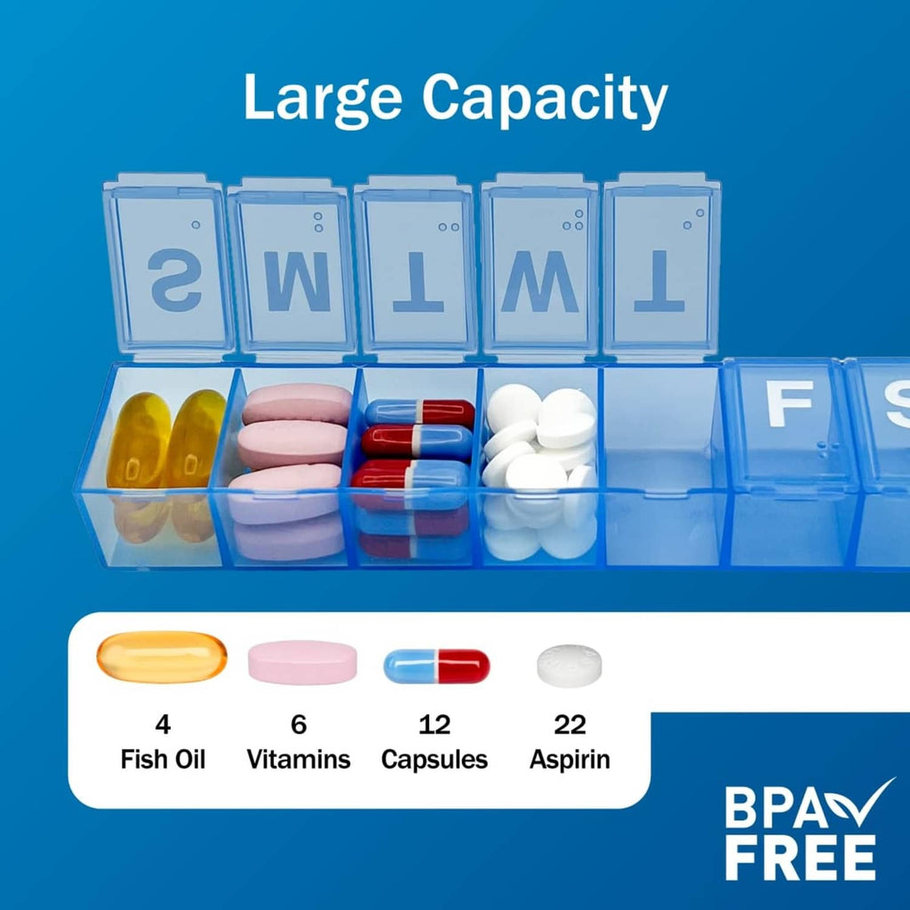 Blue pill organizer with clear compartments filled with assorted tablets and capsules