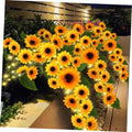 Solar sunflower garden lights with warm white glowing LEDs and green leaves