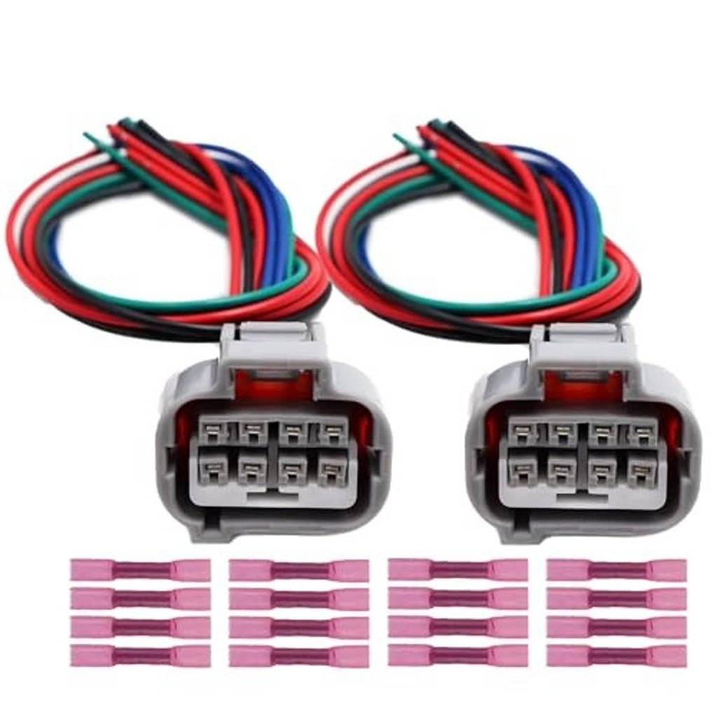 Pair of 8-wire headlight connector pigtails with gray multi-pin plugs and multicolor wiring