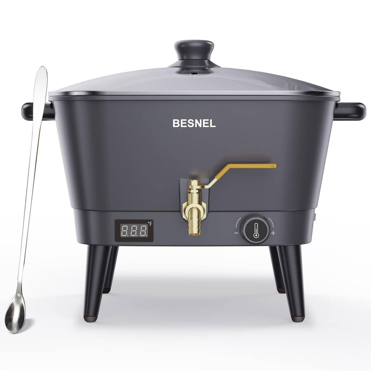 Black electric wax melter with lid, brass spigot faucet, and digital temp display