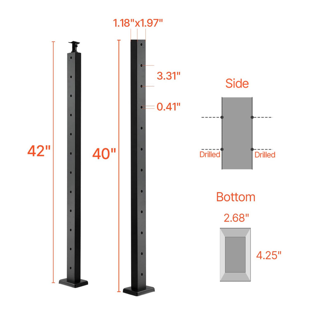 Cable railing post diagram with side and bottom drilled hole layout dimensions