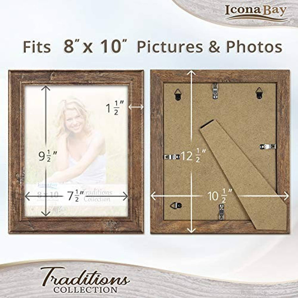 Back of 8x10 rustic wood frame with foldable panel and mounting hardware