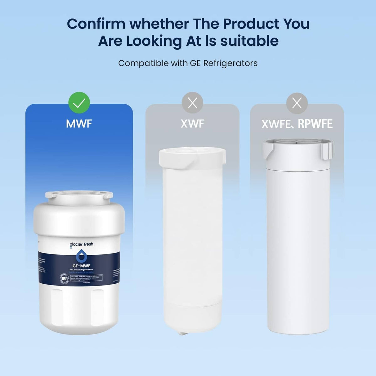 Glacier Fresh MWF white refrigerator water filter cartridge shown upright