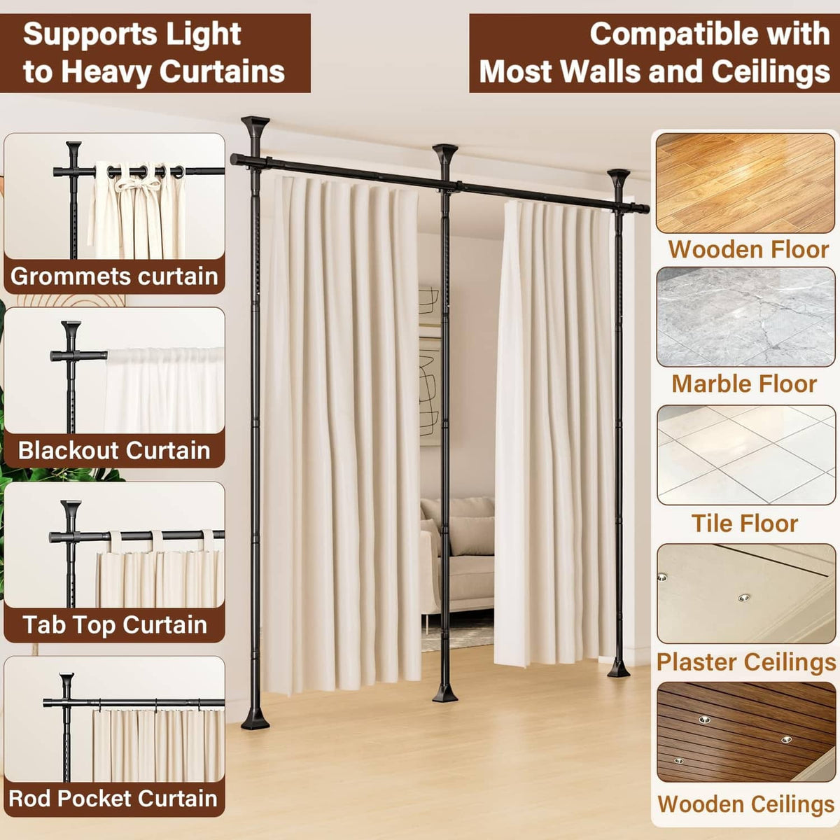 Black curtain rod holding cream curtains; grommet and blackout compatibility icons