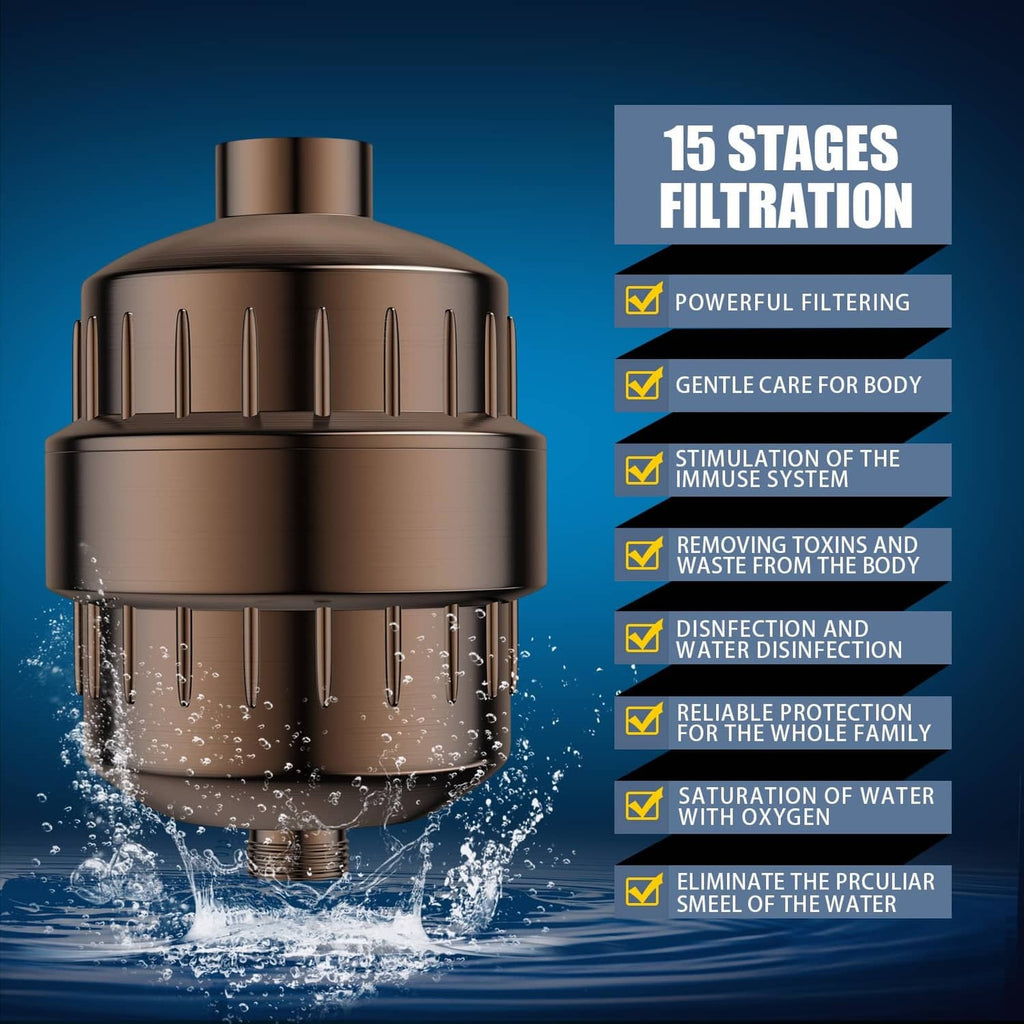 Oil-rubbed bronze shower head with 15-stage filtration housing and water splash