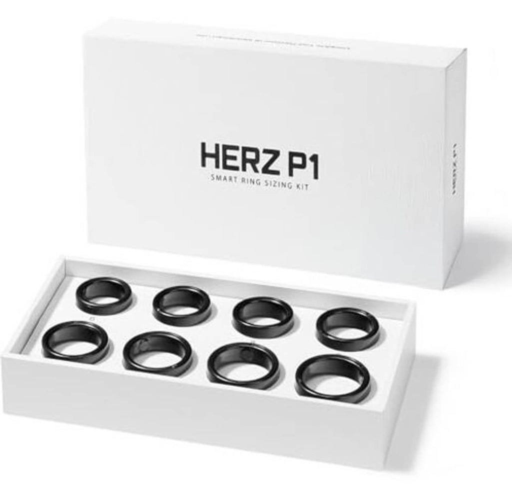Smart ring sizing kit with eight black ring sizes in a white display box