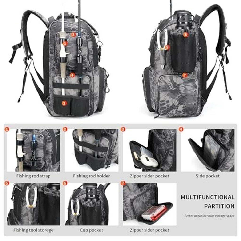 Camouflage black fishing backpack with shoulder straps, rod holders, and side pockets