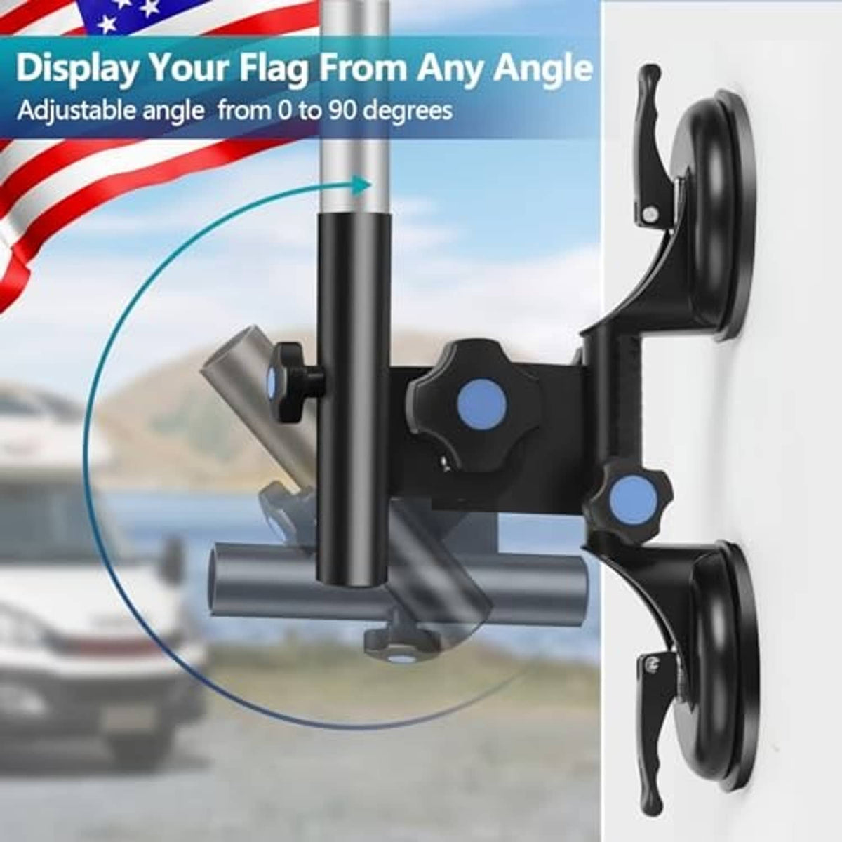 Black adjustable-angle flag pole holder with clamp bracket and two suction cups