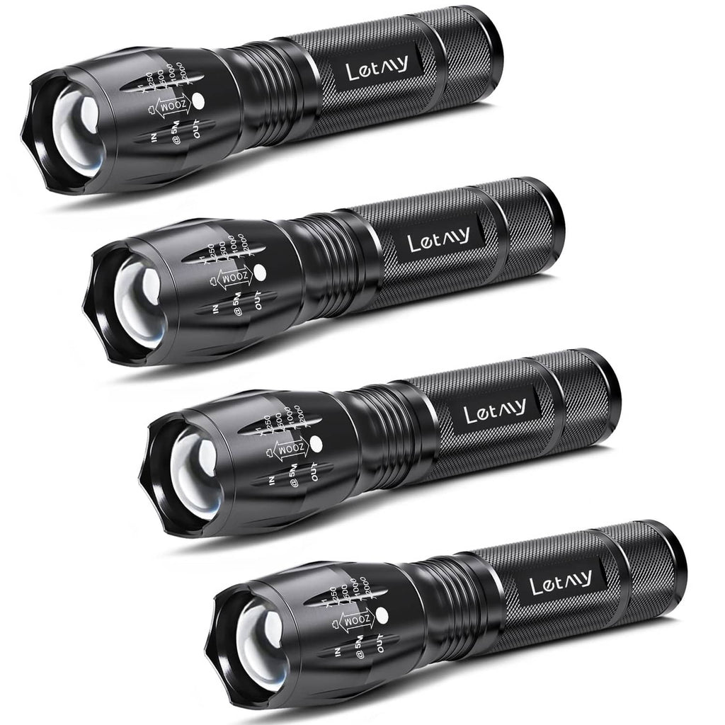 LETMY black tactical LED flashlight set, 4-pack with textured grip and front lens