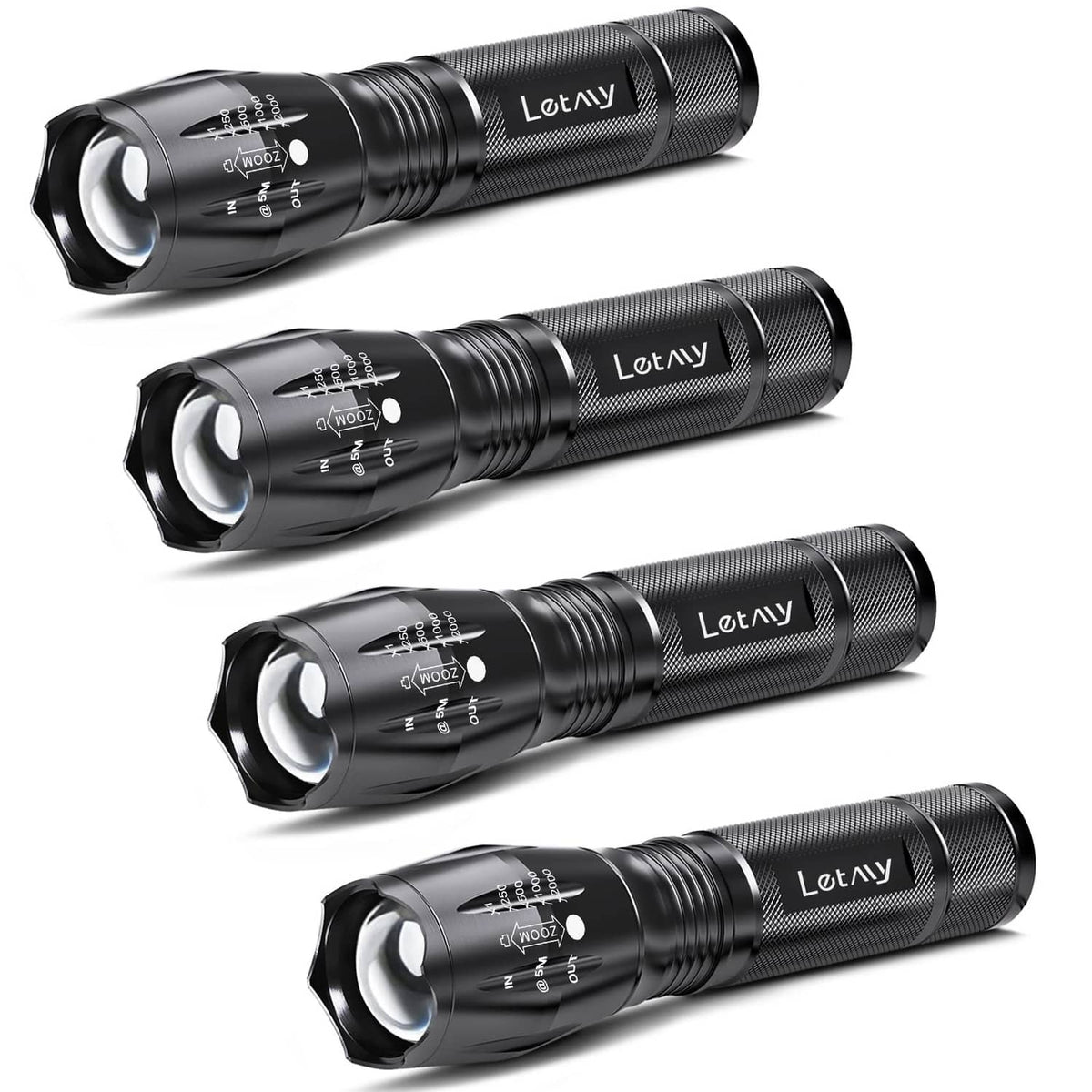 LETMY black tactical LED flashlight set, 4-pack with textured grip and front lens