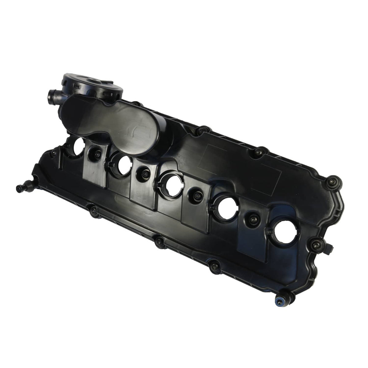 Engine valve cover with circular ports and mounting studs, black plastic, side view