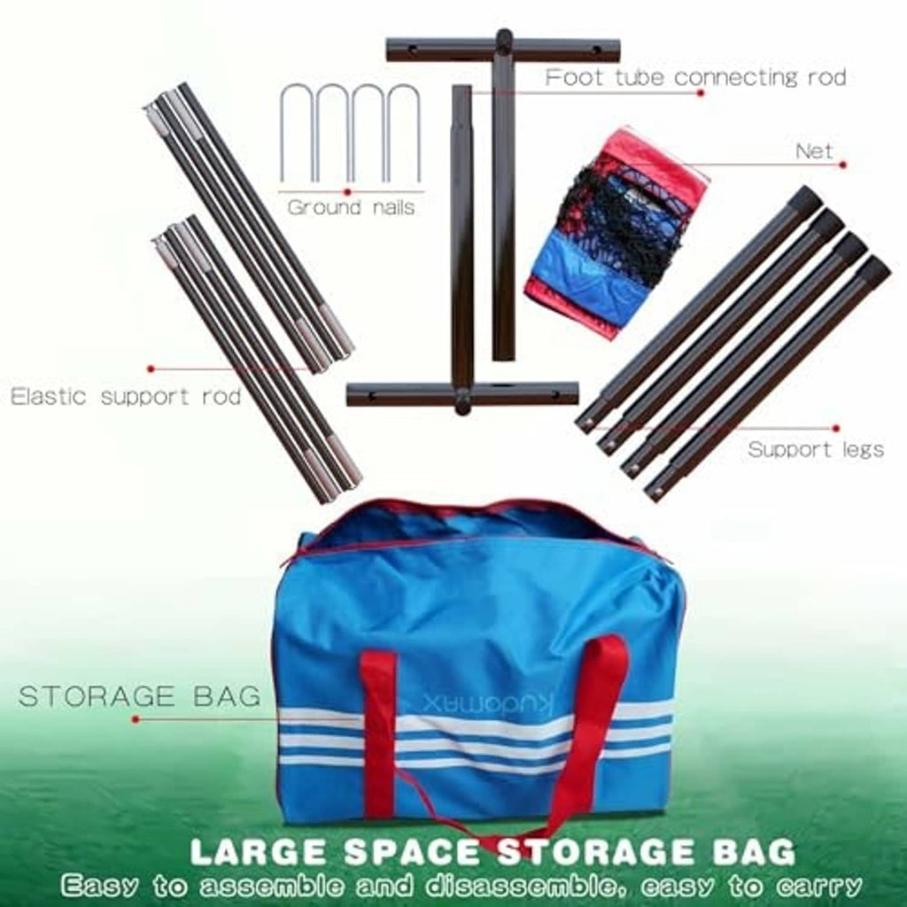 Pitching target net kit with storage bag, support legs, elastic support rods, ground nails