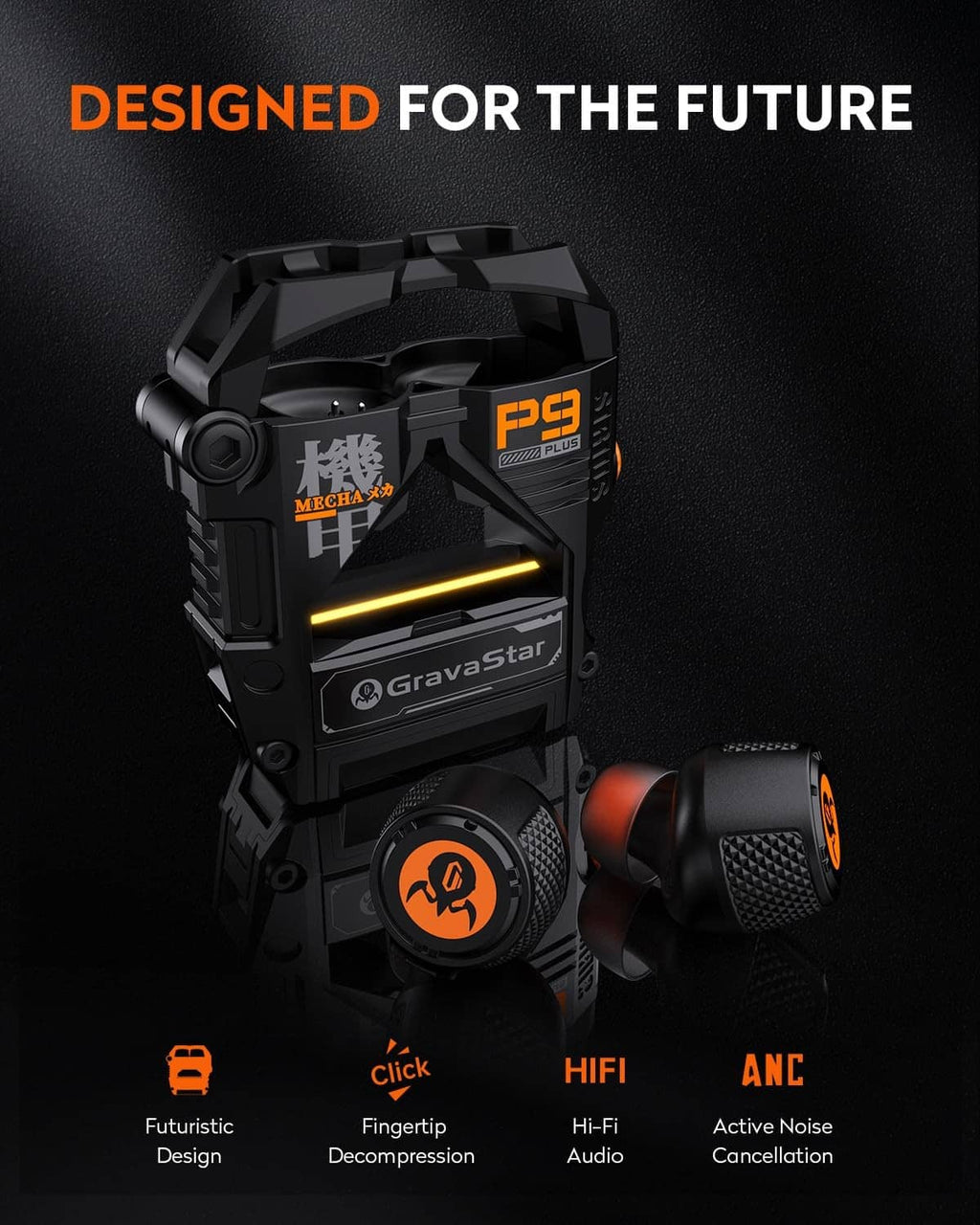 Black charging case with orange badge and matching earbuds, futuristic open design