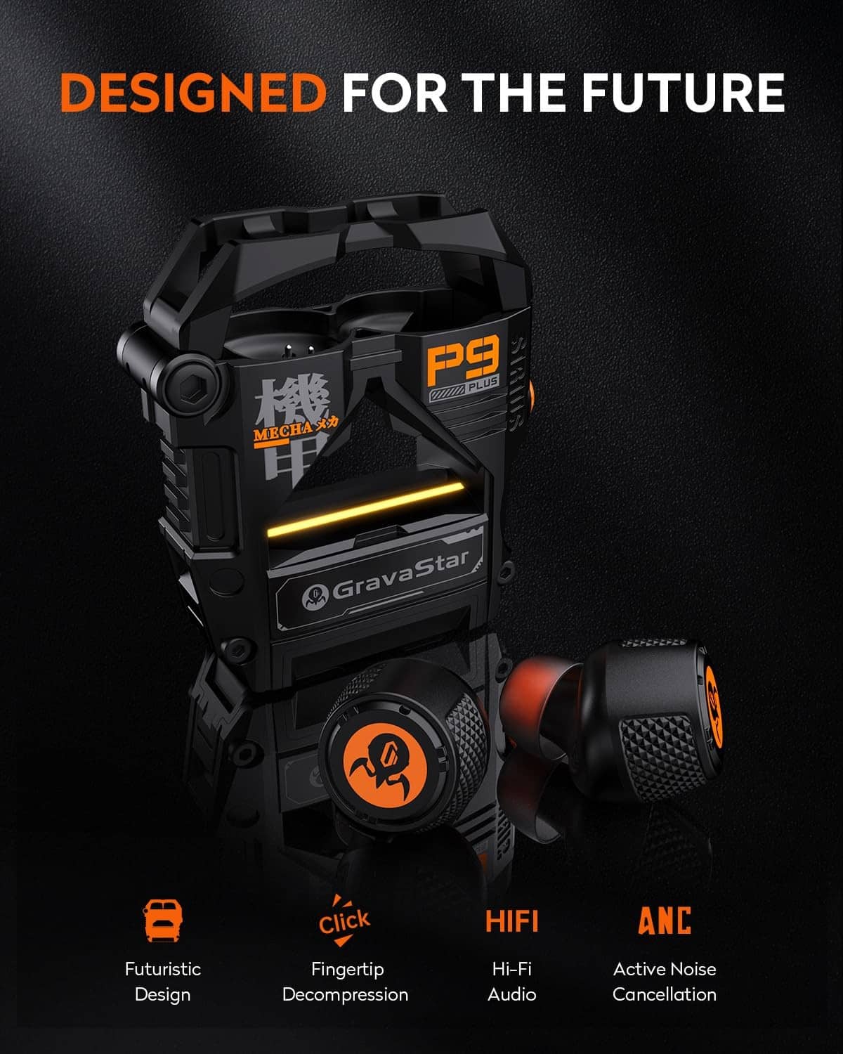 Black charging case with orange badge and matching earbuds, futuristic open design