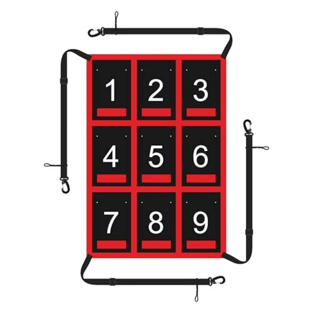 Freestanding red batting target net with black numbered grid (1–9) and frame straps