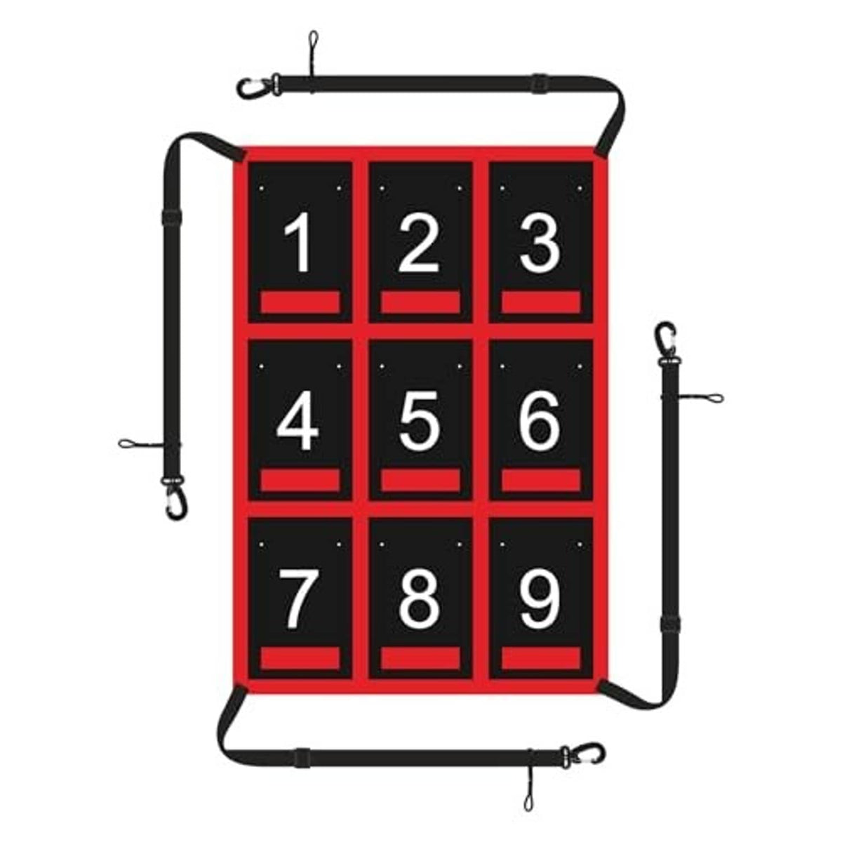 Freestanding red batting target net with black numbered grid (1–9) and frame straps