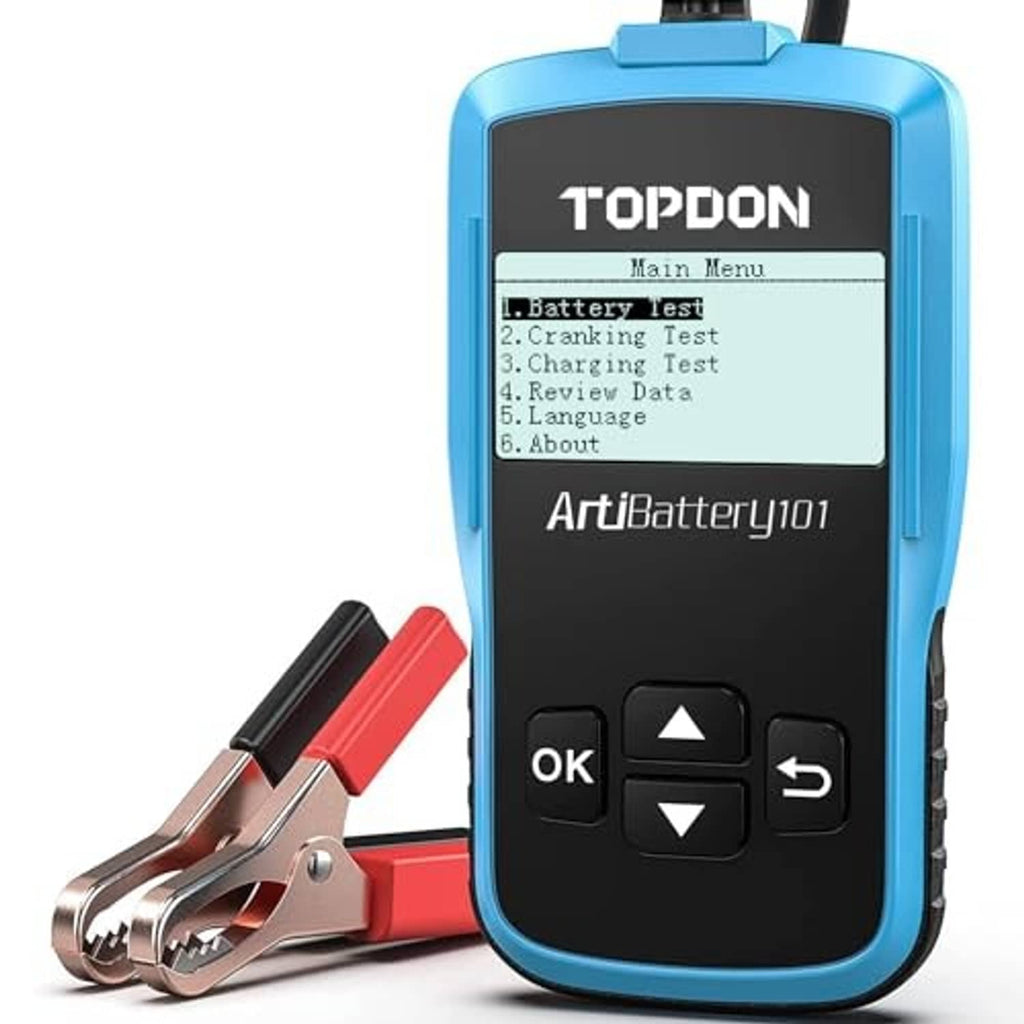 TOPDON ArtiBattery101 handheld 12V battery tester with red/black clamp leads