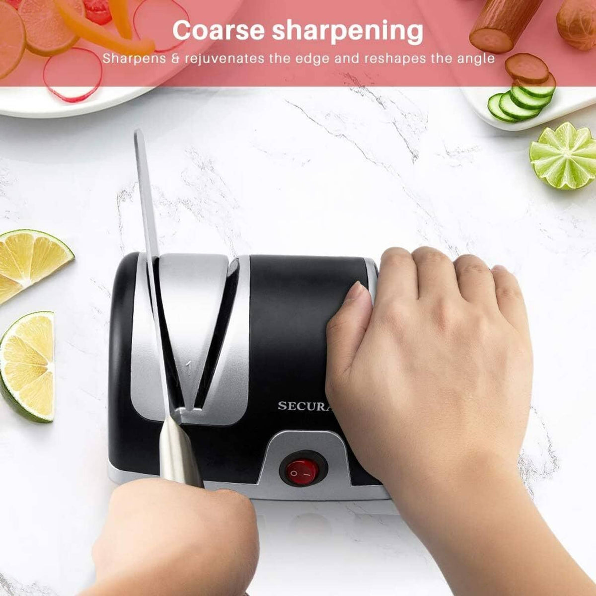 Secura 2-stage knife sharpener with a hand positioning a knife in the sharpening slot