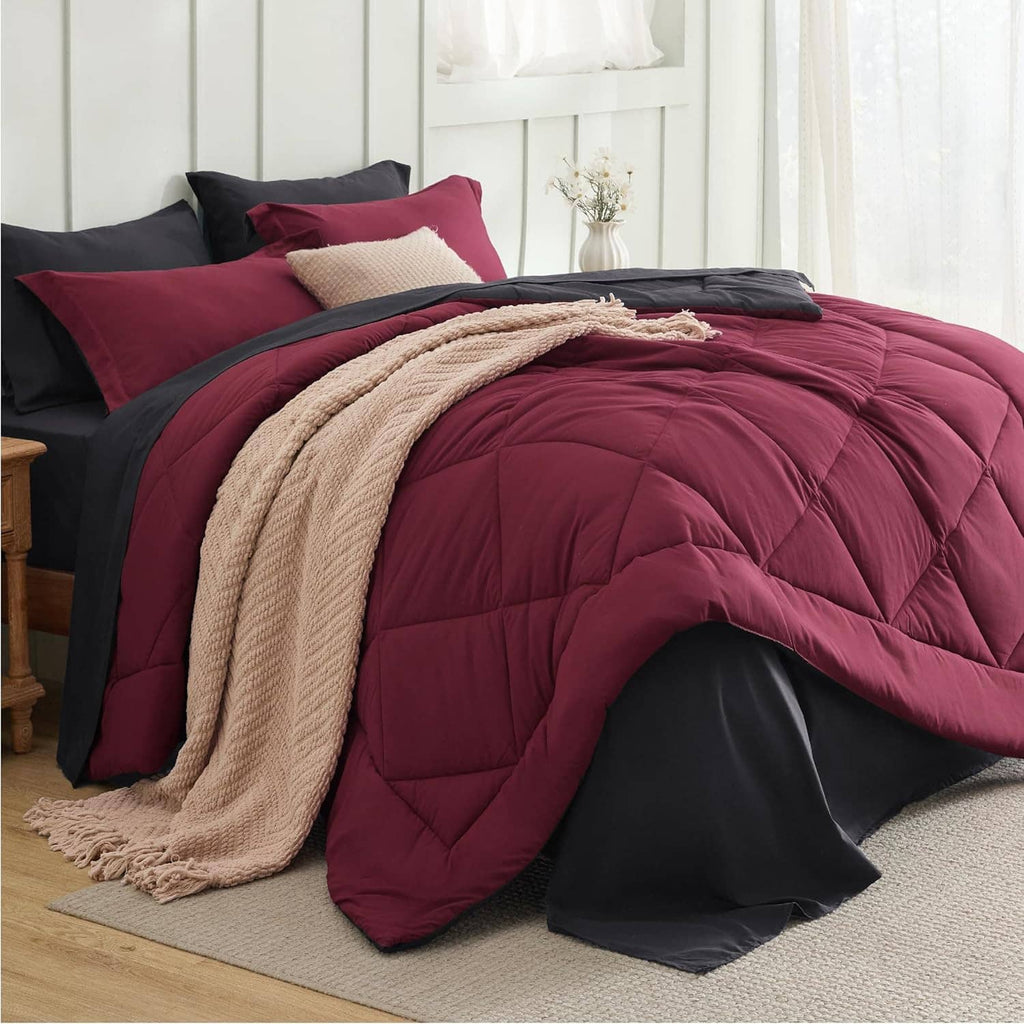 Bedsure queen comforter set with burgundy quilted comforter, black reverse, and matching pillows