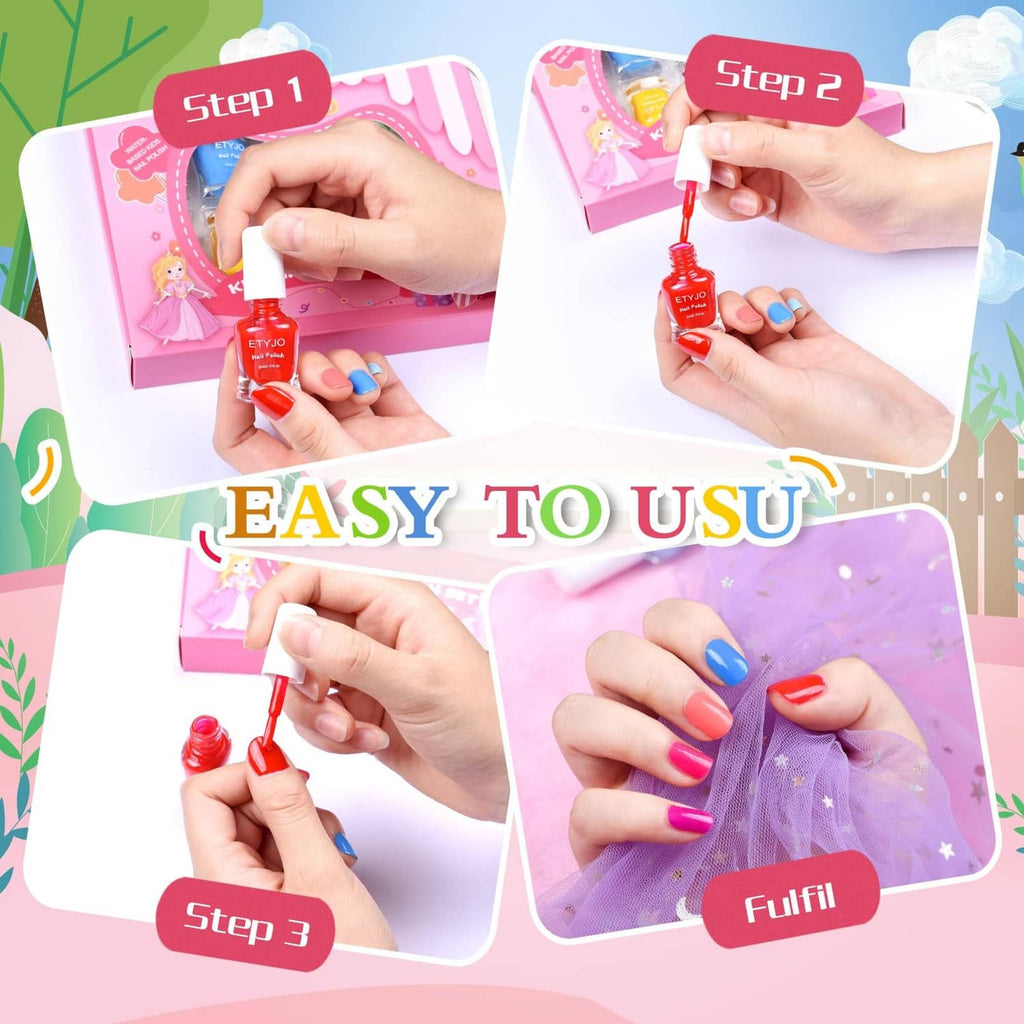 Kid nail polish application with bottles and colorful finished nails