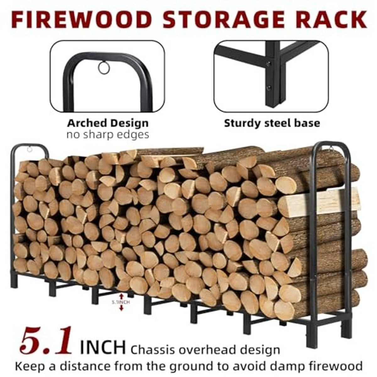 Firewood storage rack with black steel sides, arched handles, and stacked logs