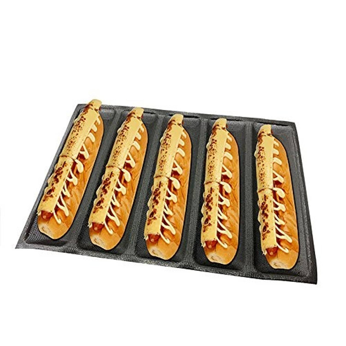 Black silicone hot dog bread mold with five filled hot dog-shaped breads