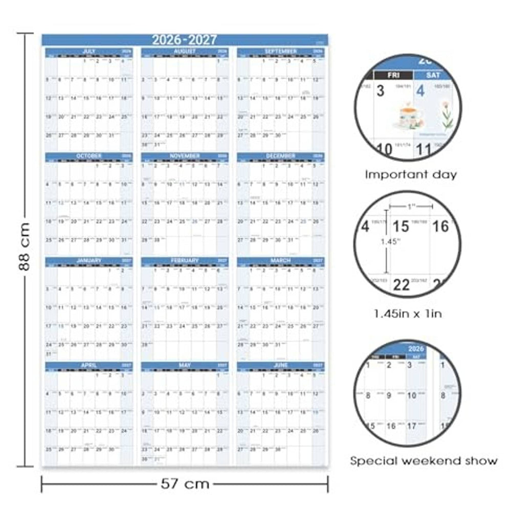 Blue 2026-2027 yearly wall calendar with size dimensions and holiday date notes