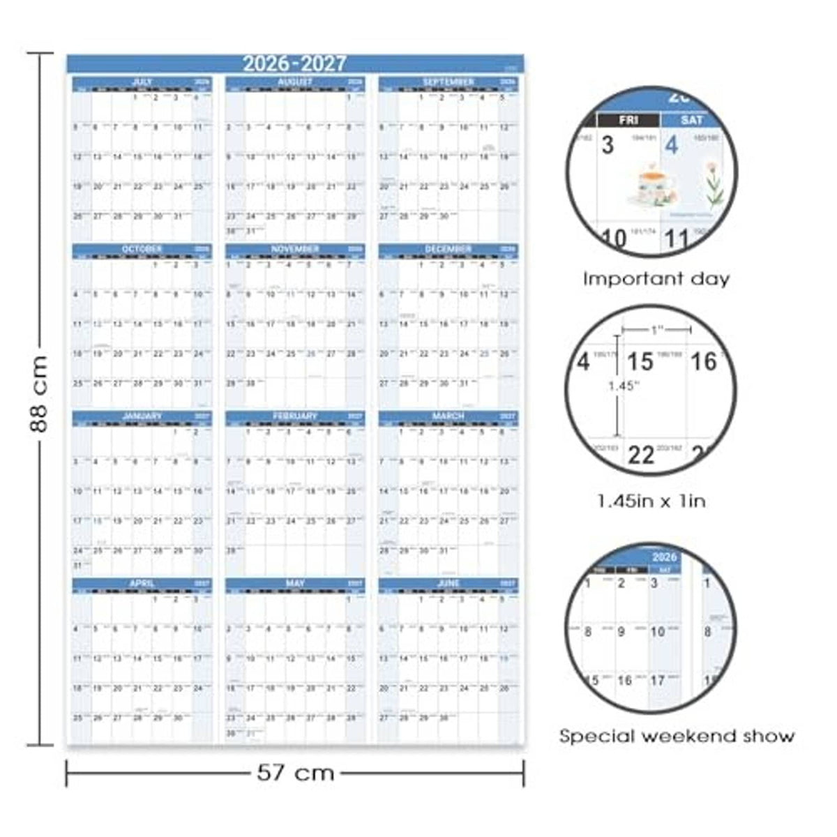 Blue 2026-2027 yearly wall calendar with size dimensions and holiday date notes