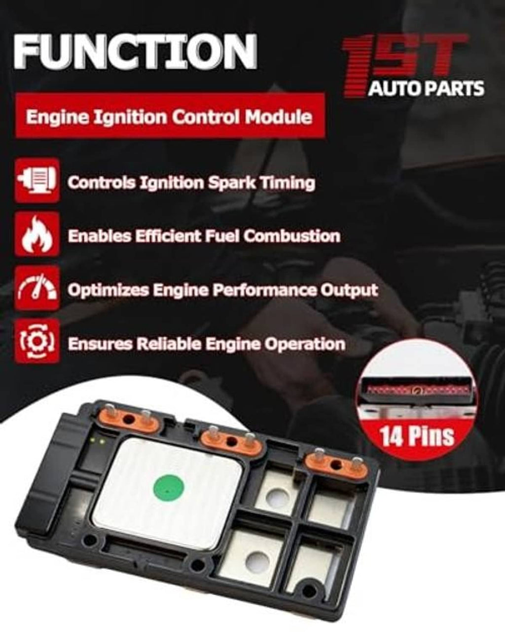 Engine ignition control module with 14-pin connector, black plastic housing and orange terminals