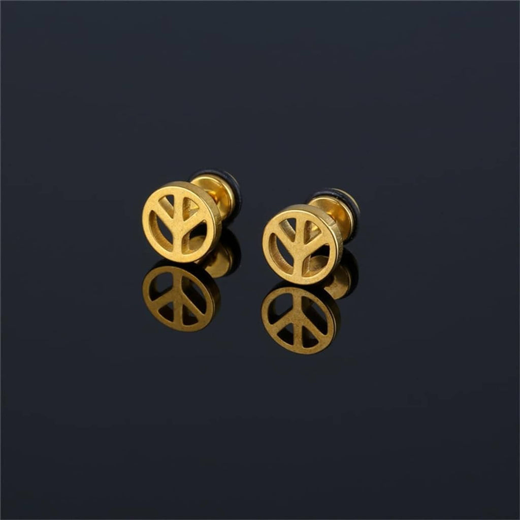 Gold peace sign stud earrings with round fronts and matching black backing discs