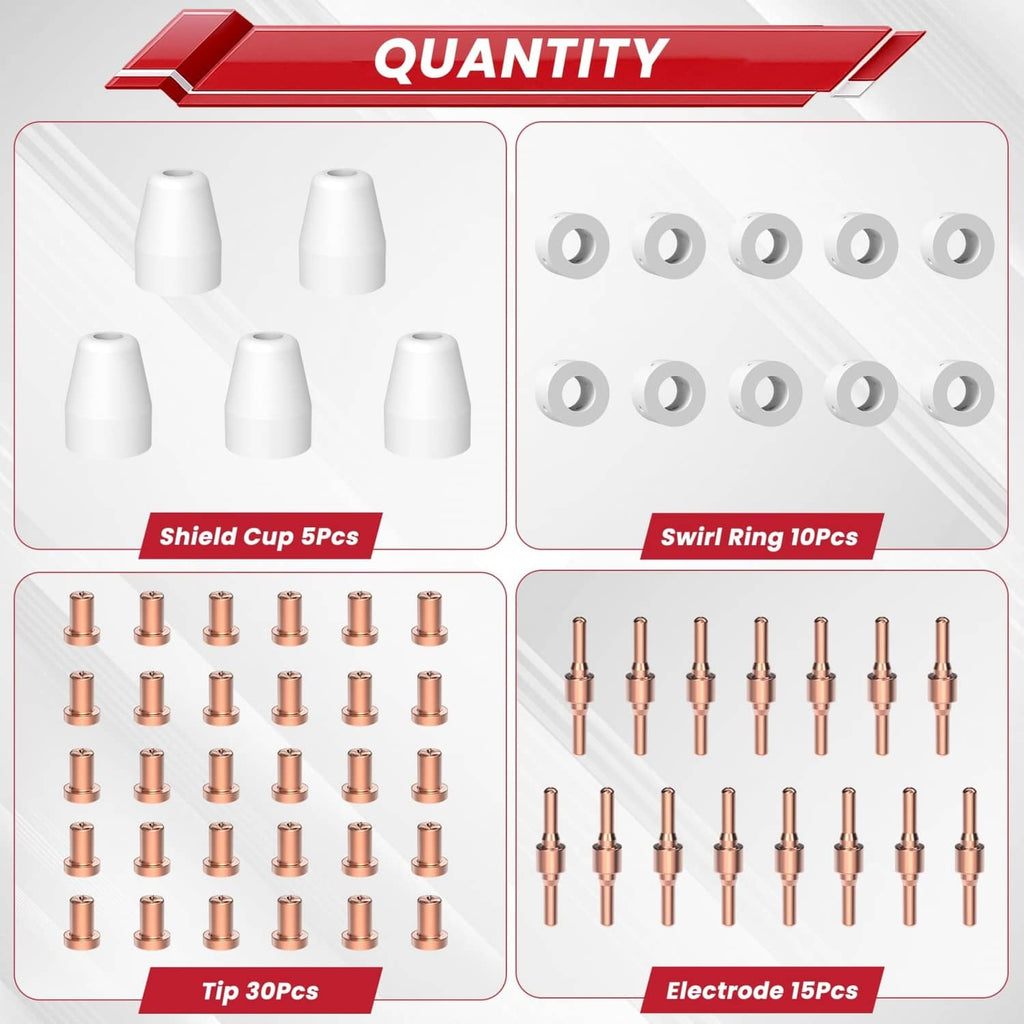 Plasma cutter consumables quantity layout: shield cups, swirl rings, tips, electrodes