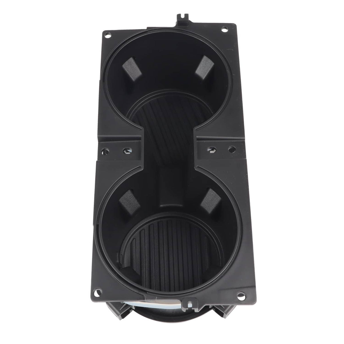 Black dual cup holder insert panel with two cup openings and grille bottoms