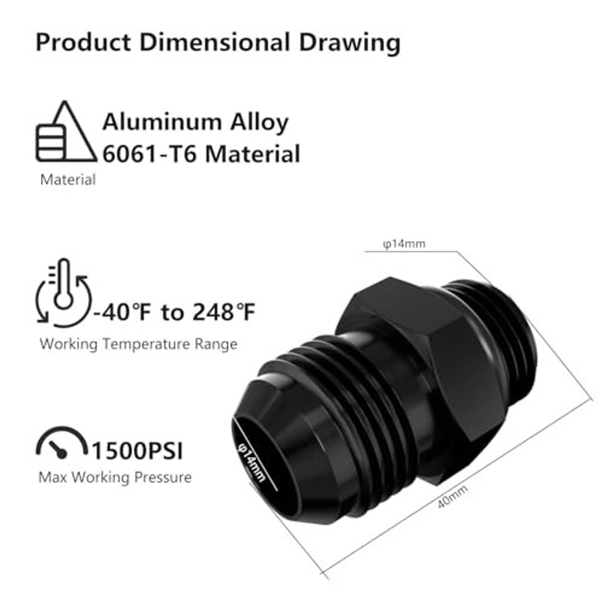 Black hose fitting adapter dimensional drawing with dimension lines and labeled profile