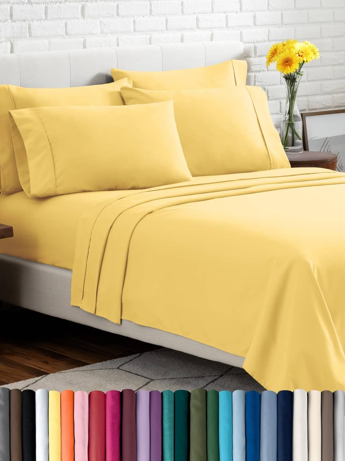 Lemon-yellow Twin XL microfiber sheet set with deep fitted sheet and 2 pillowcases.