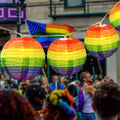 Rainbow-striped nylon lantern decorations, spherical hanging lanterns on string