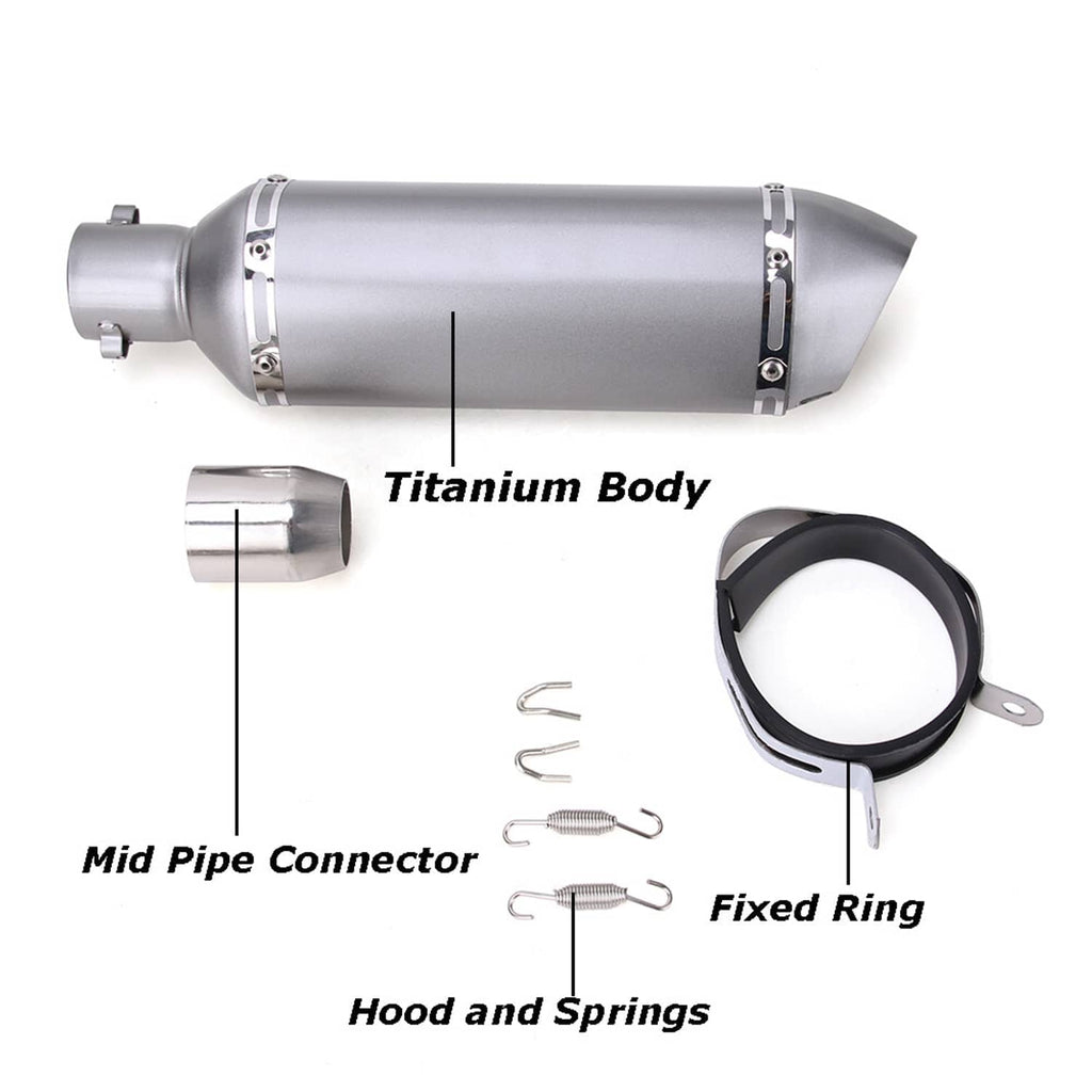 Motorcycle exhaust muffler kit parts layout: muffler, mid-pipe connector, fixed ring, springs