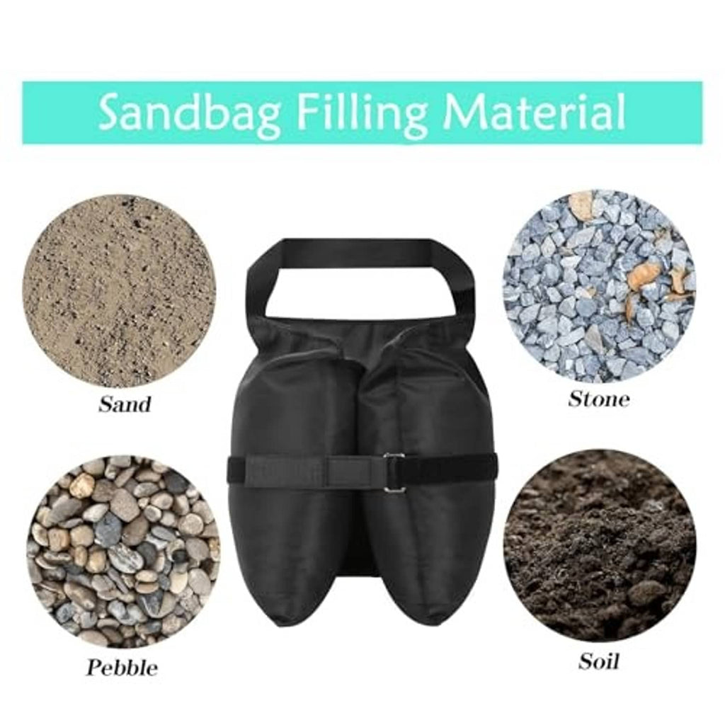 Black 3-compartment sandbag with carry handle, shown with sand and stone fill options
