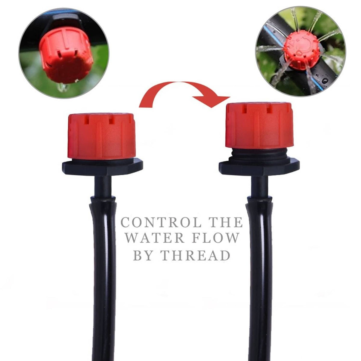 Red-and-black drip irrigation emitters on black tubing with spray outlet