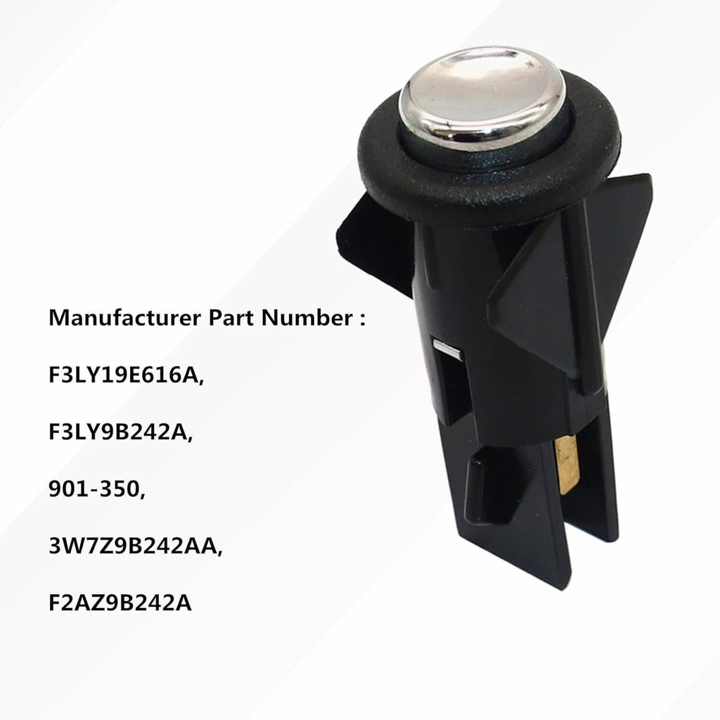 Black fuel door release switch with round chrome button and connector tabs